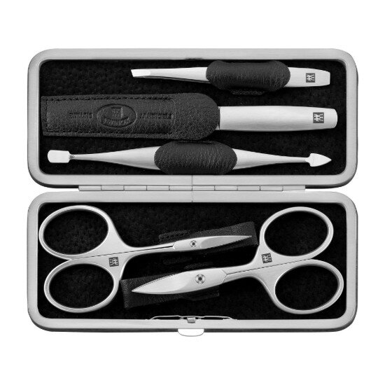 Zwilling Сатениран комплект от неръждаема стомана от 5 части черен кожен калъф
