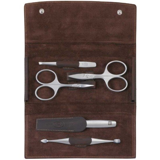Zwilling Сатениран комплект от неръждаема стомана от 5 части кафяв кожен калъф