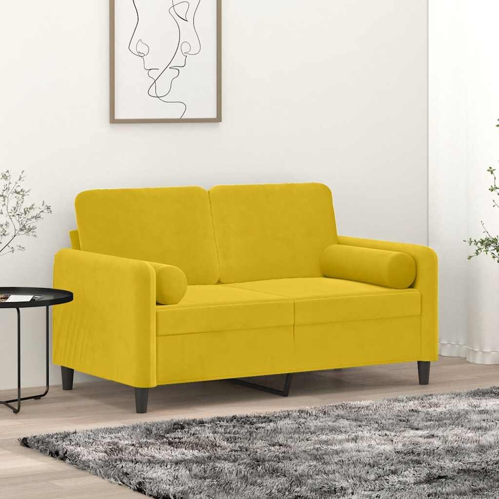 vidaXL 2-местен диван с декоративни възглавници жълт 120 см кадифе
