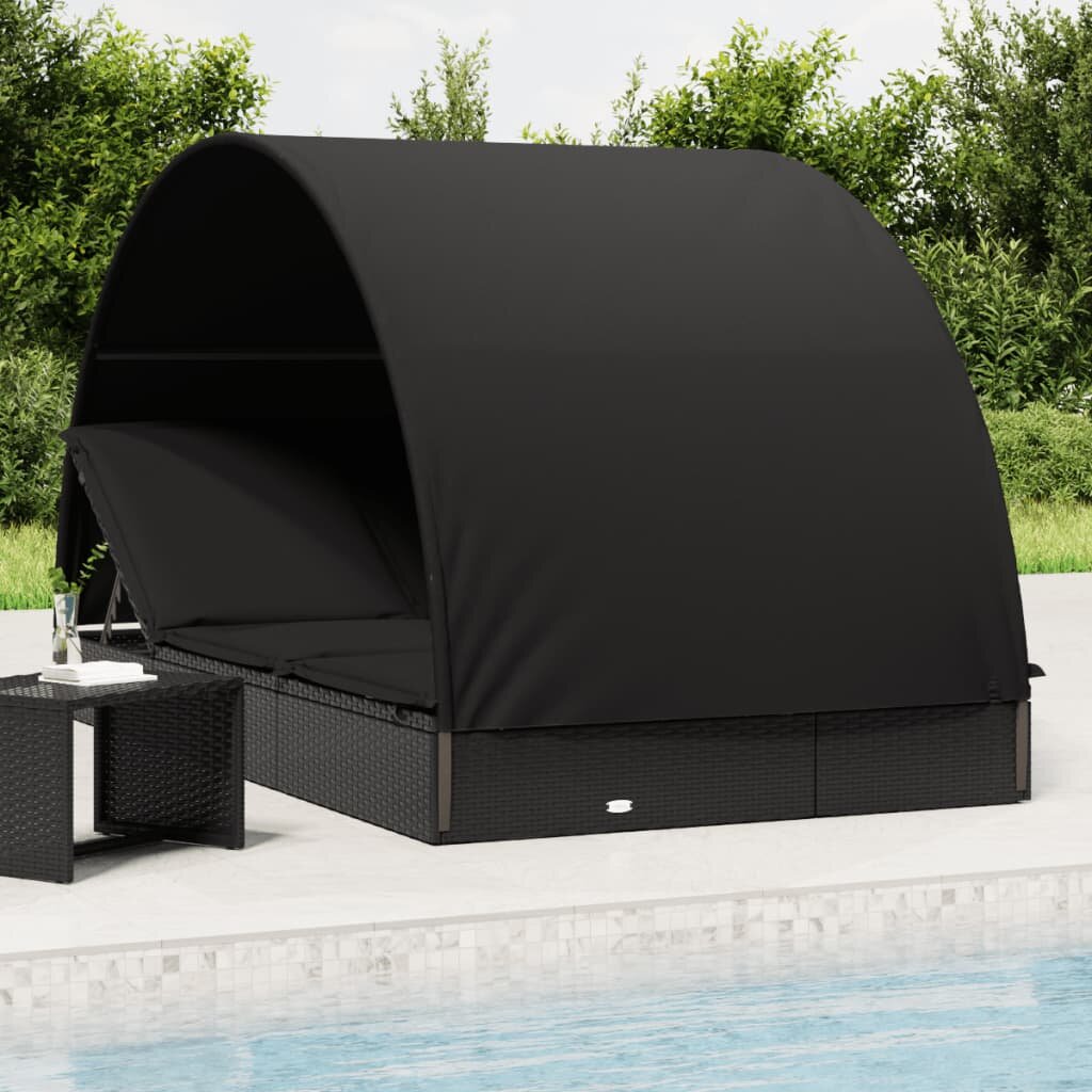 vidaXL 2-местен шезлонг с объл покрив черен 211x112x140 см полиратан