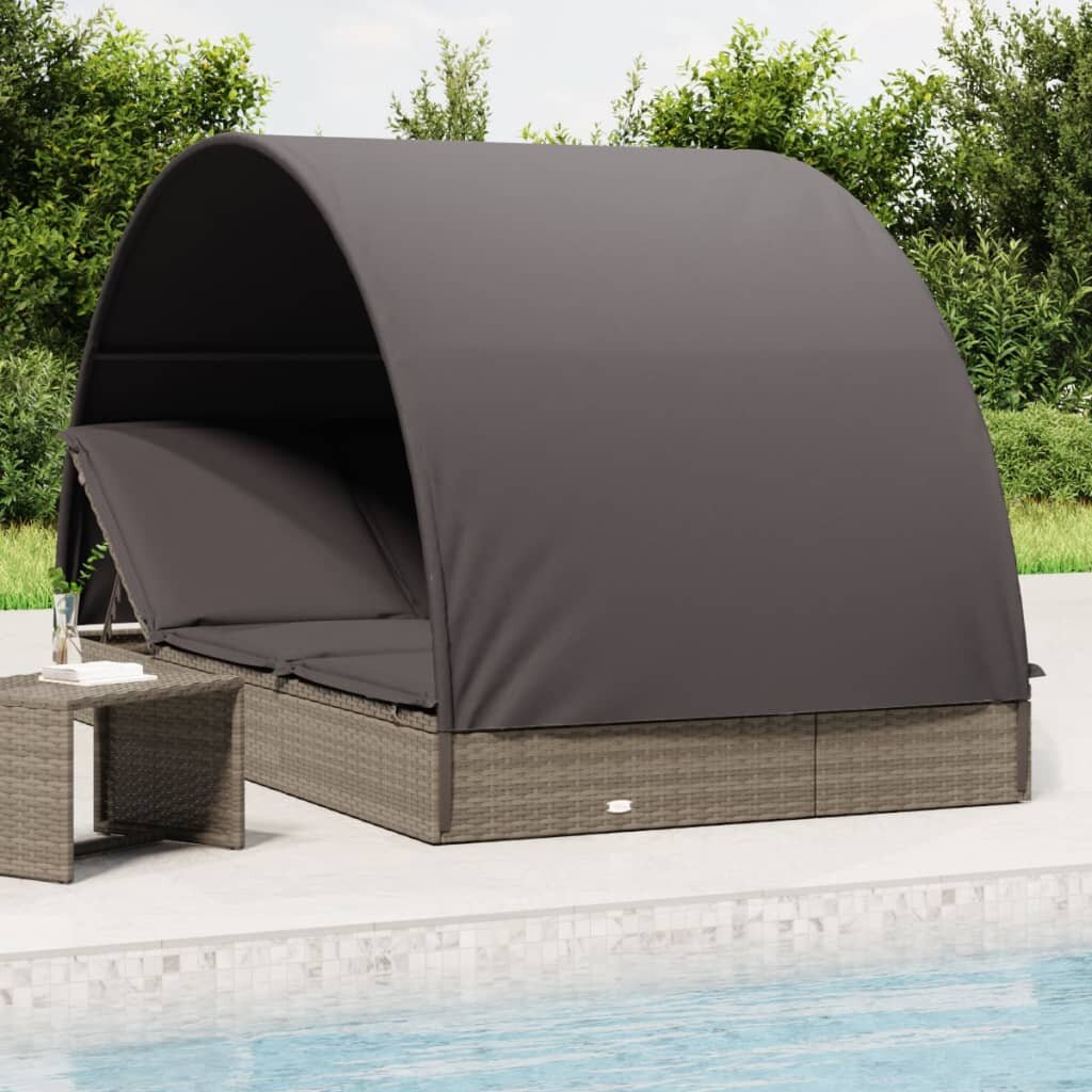 vidaXL 2-местен шезлонг с объл покрив сив 211x112x140 см полиратан