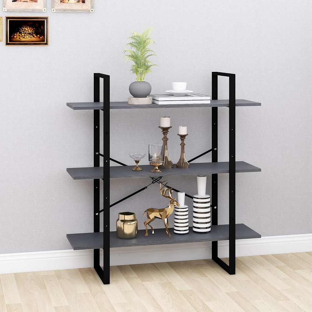 vidaXL 3-етажна библиотека сива 100x30x105 см борово дърво масив