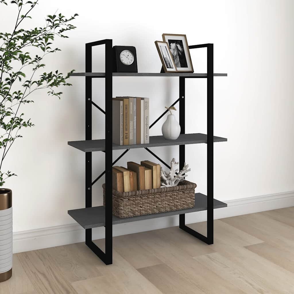 vidaXL 3-етажна библиотека сива 80x30x105 см борово дърво масив