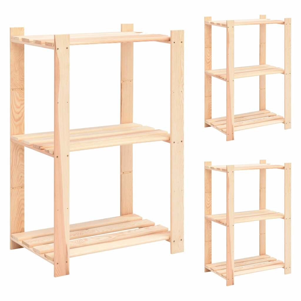 vidaXL 3-етажни стелажи 3 бр 60x38x90 см бор масив 150 кг