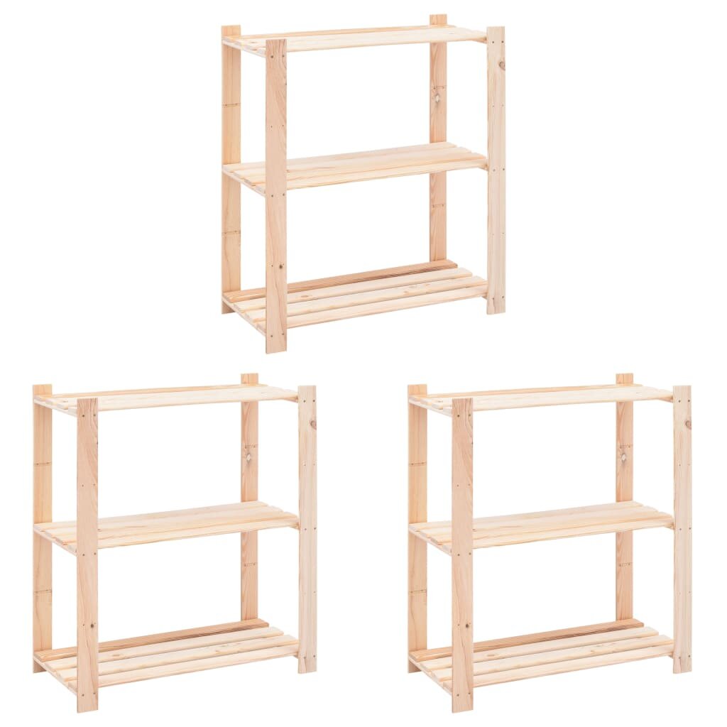 vidaXL 3-етажни стелажи 3 бр 80x38x90 см бор масив 150 кг