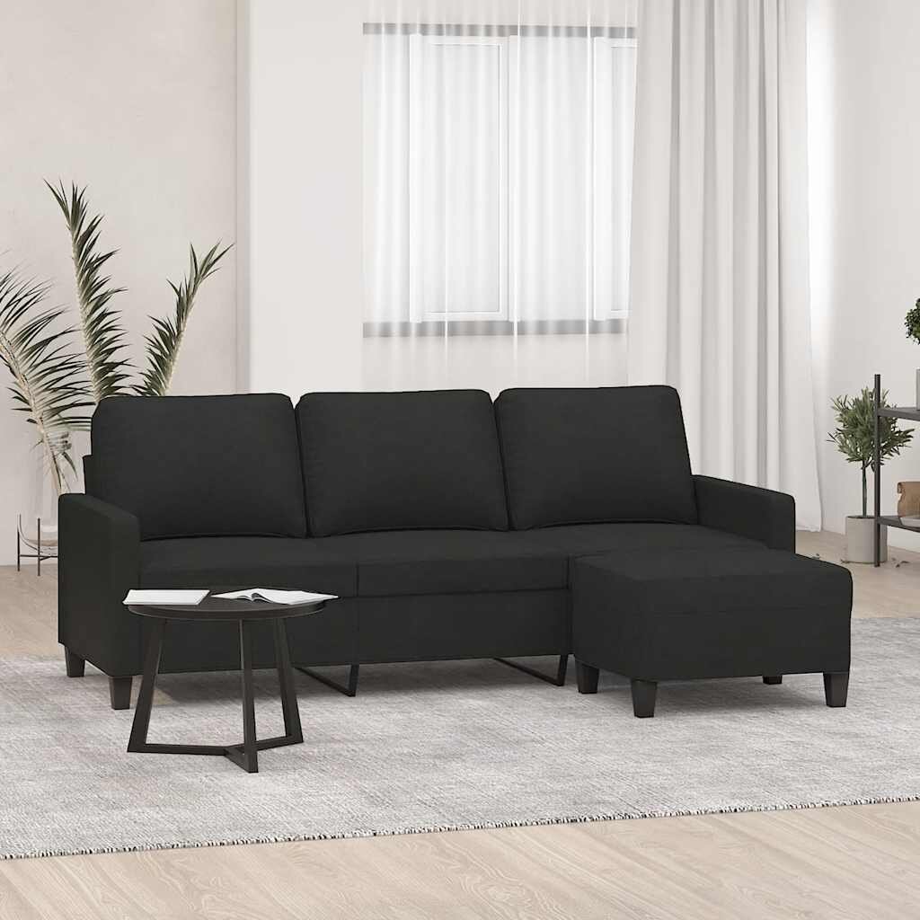 vidaXL 3-местен диван с табуретка черен 180 см плат