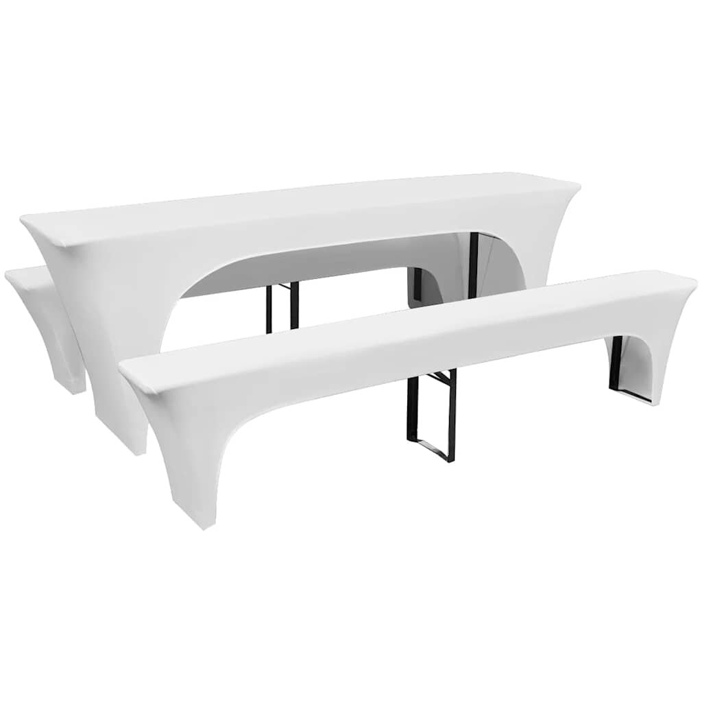 vidaXL 3 покривки-калъфи за маса и две пейки еластични бели 220x50x80см
