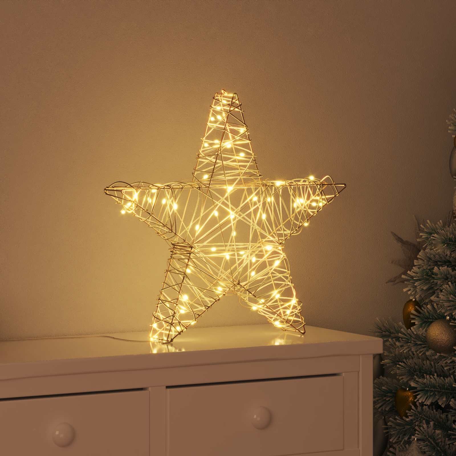 vidaXL 3D звезда 50 LED светодиода Топло бяло 55 x 52.5 x 9 см Ратан