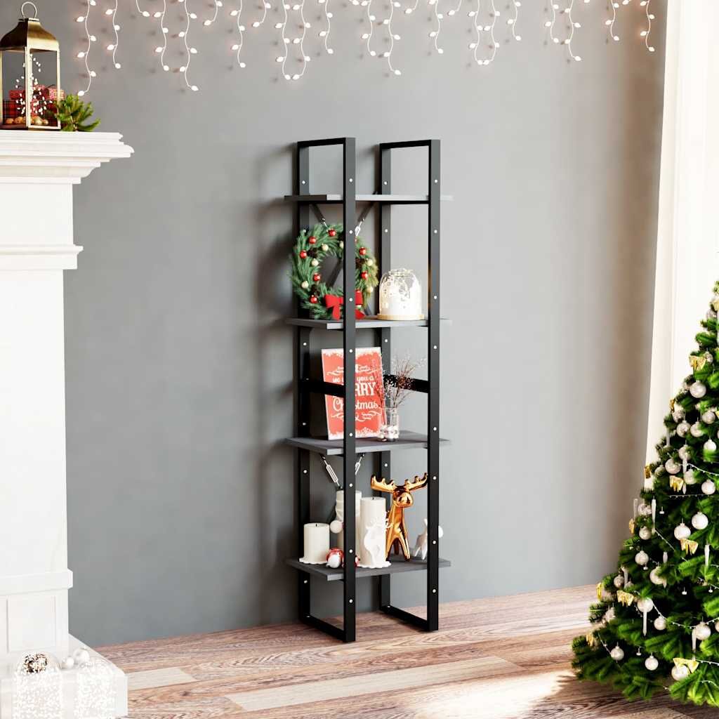 vidaXL 4-етажна библиотека сива 40x30x140 см борово дърво масив