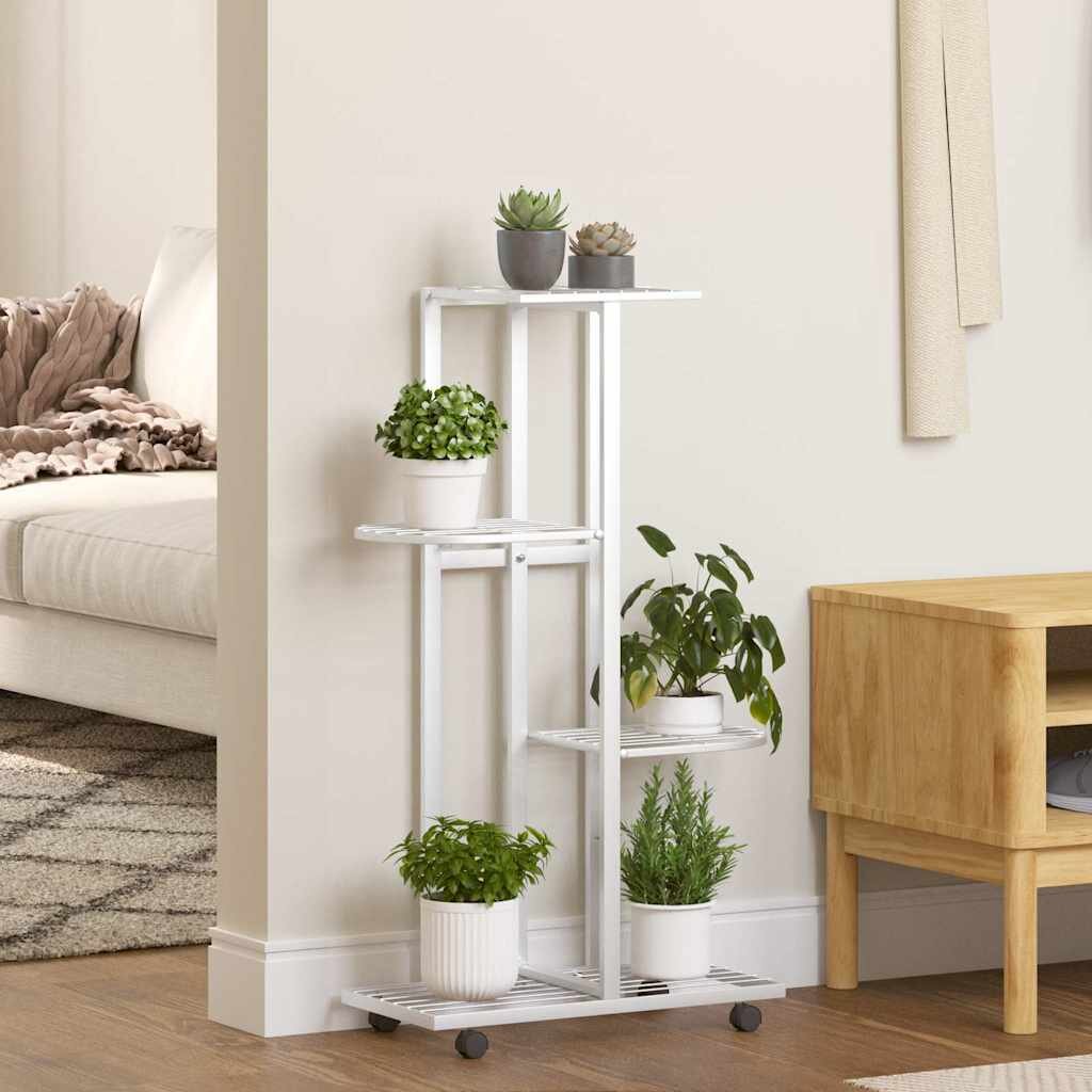 vidaXL 4-етажна стойка за цветя на колела 44x23x80 см бяла желязо