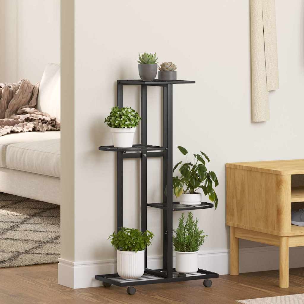 vidaXL 4-етажна стойка за цветя на колела 44x23x80 см черна желязо