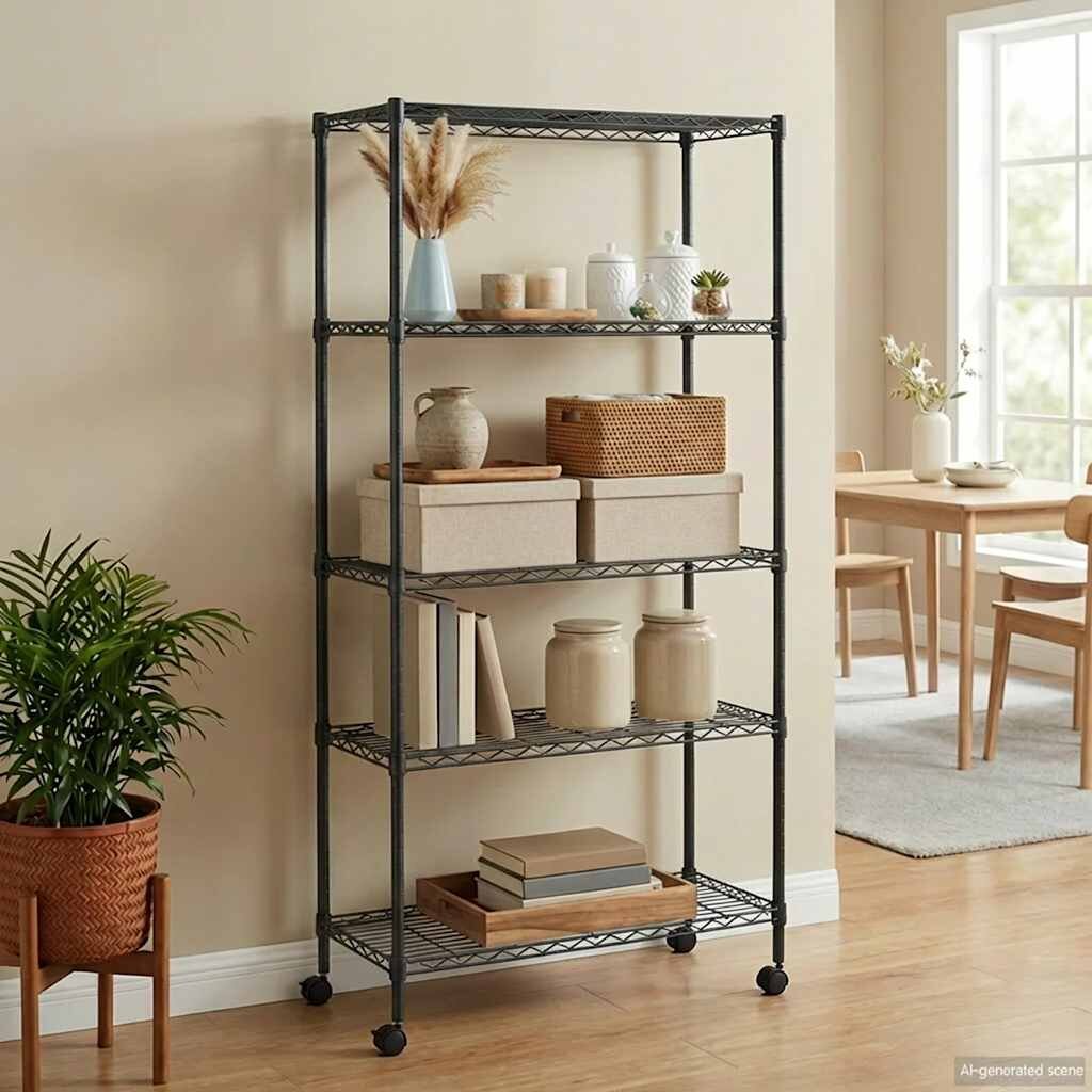vidaXL 5-етажен стелаж за съхранение с колела 75x35x155 см черен 250кг