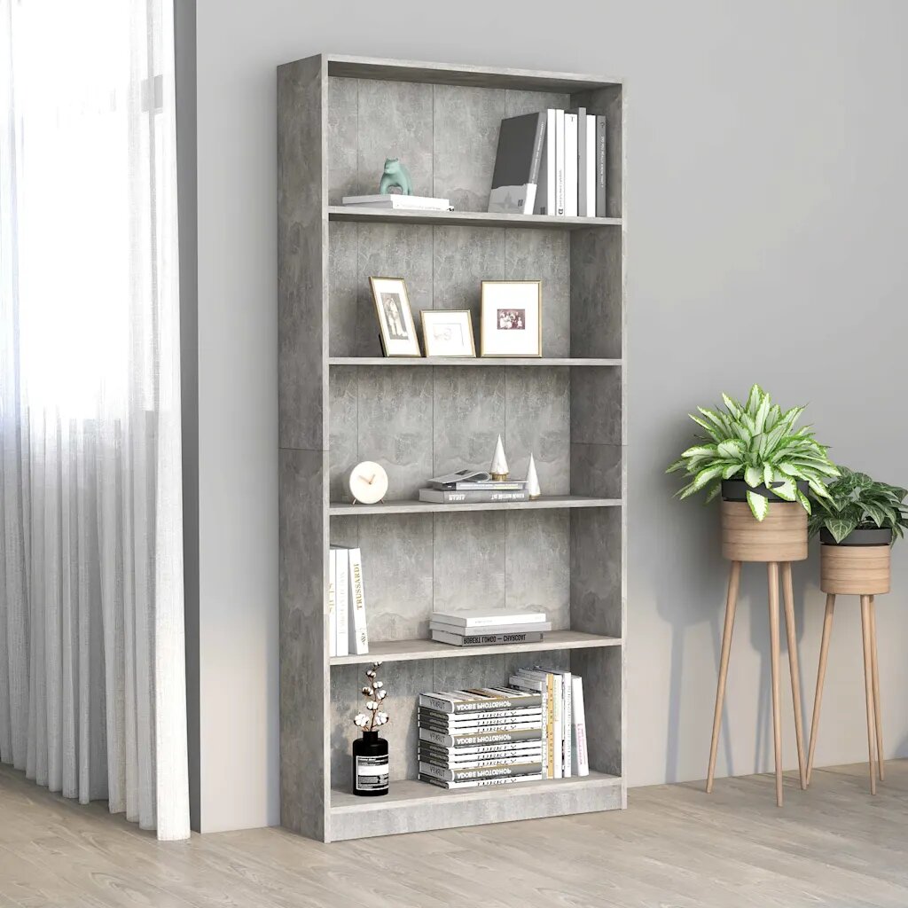 vidaXL 5-етажна библиотека бетонно сив 80x24x175 см инженерно дърво
