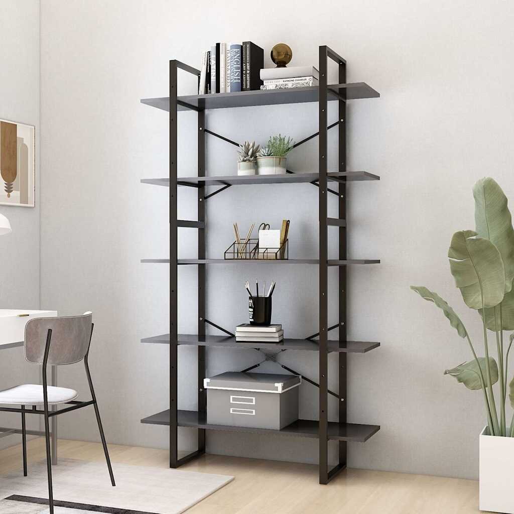 vidaXL 5-етажна библиотека сива 100x30x175 см инженерна дървесина
