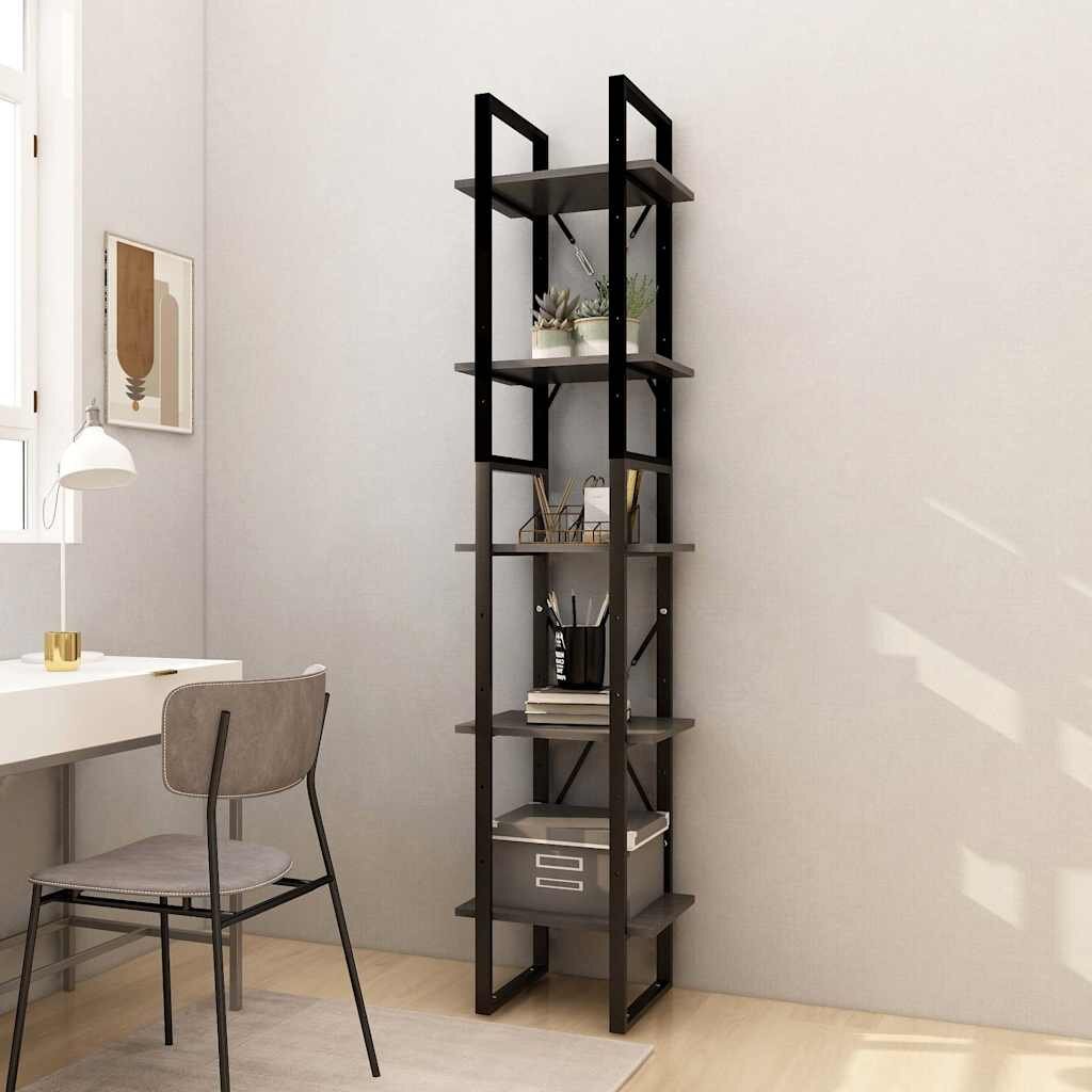 vidaXL 5-етажна библиотека сива 40x30x175 см борово дърво масив