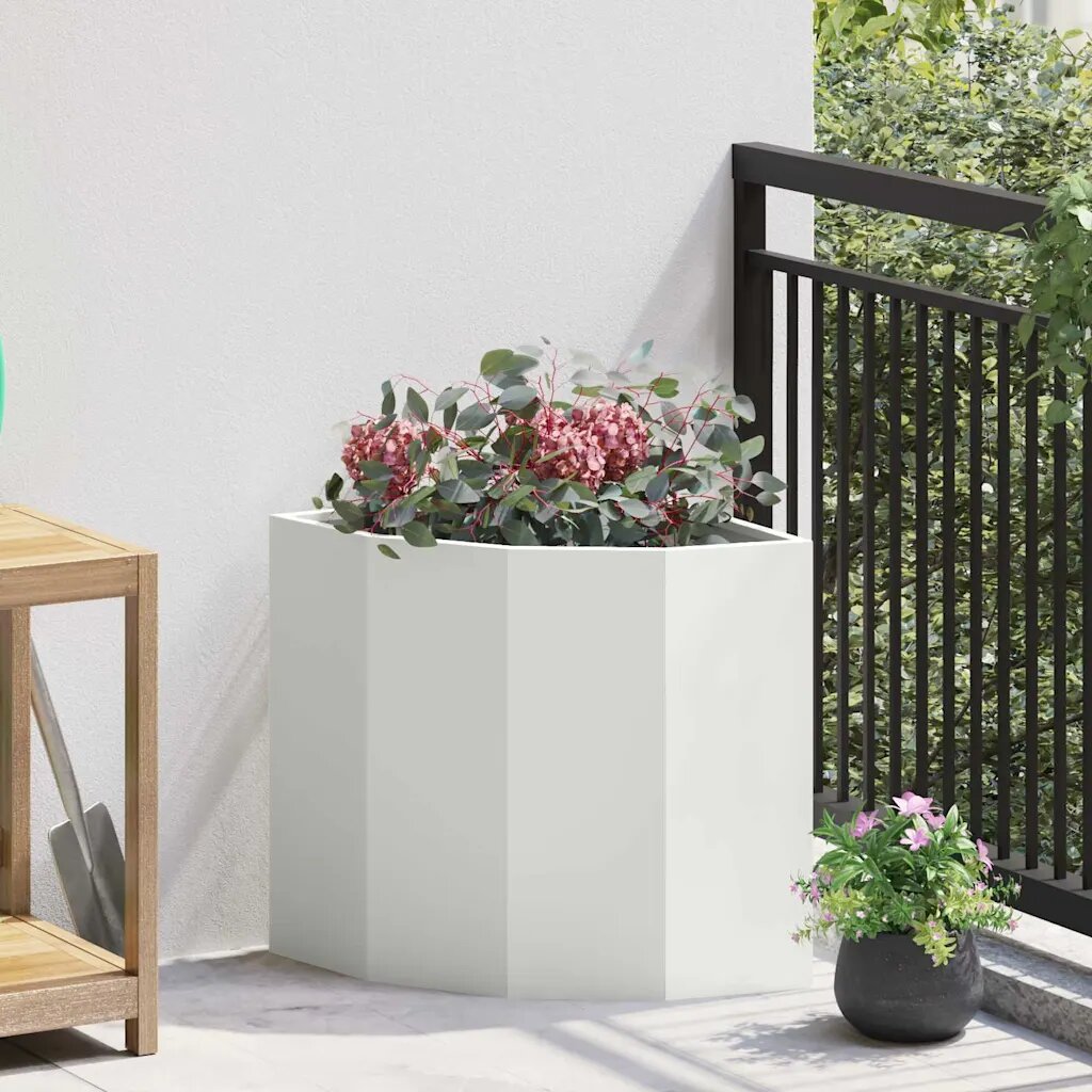 vidaXL Ъглов сандък за цветя Бяло 45 x 45 x 50 см Стомана