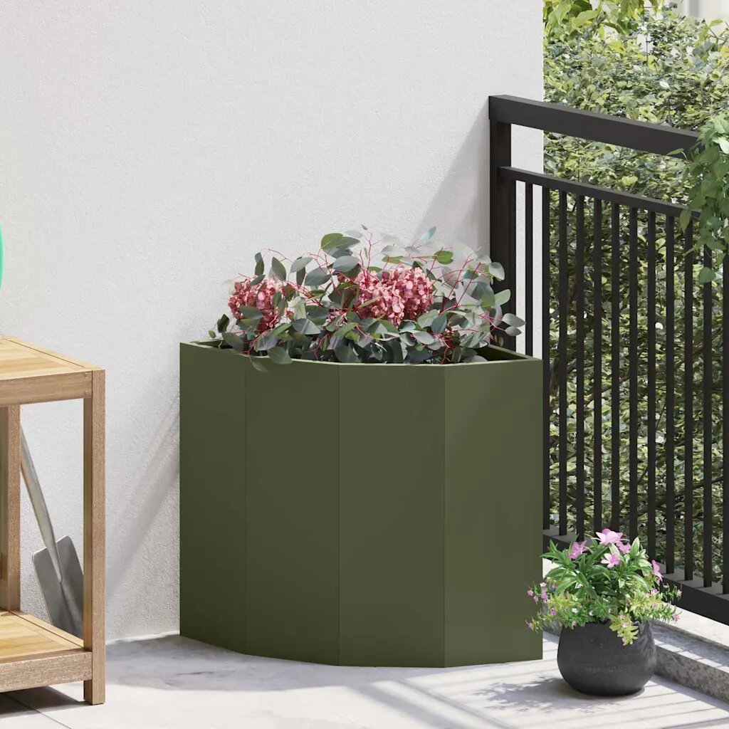 vidaXL Ъглов сандък за цветя Маслиненозелено 45 x 45 x 50 см Стомана