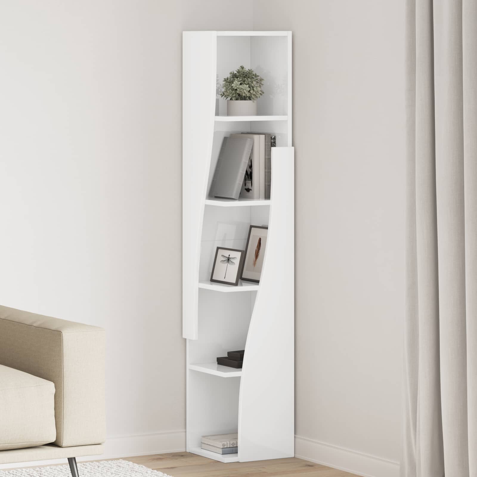 vidaXL Ъглов шкаф 275x27x140см Инженерна дървесина Лъскаво бяло