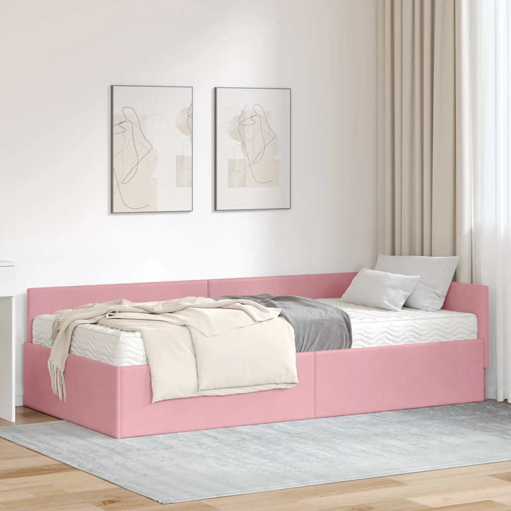 vidaXL Ъглова рамка за легло с матрак 2 бр. Розово 90 x 190 cm Кадифе