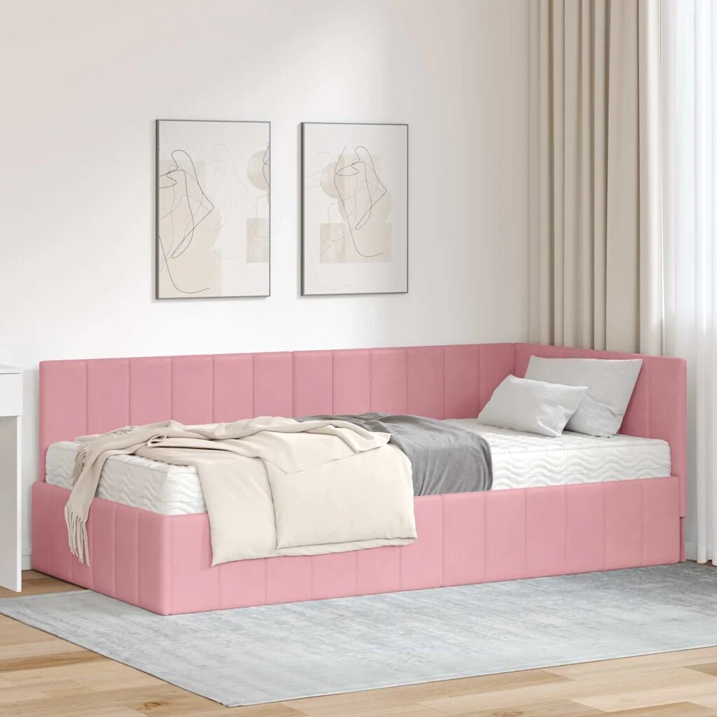 vidaXL Ъглова рамка за легло с матрак 2 бр. Розово 90 x 200 cm Кадифе