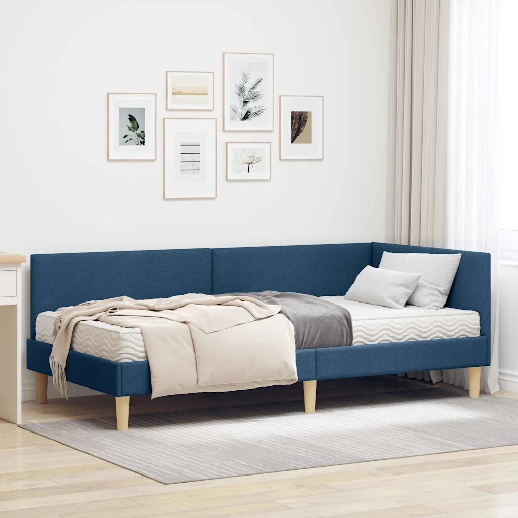 vidaXL Ъглова рамка за легло с матрак 2 бр. Синьо 90 x 190 cm текстил
