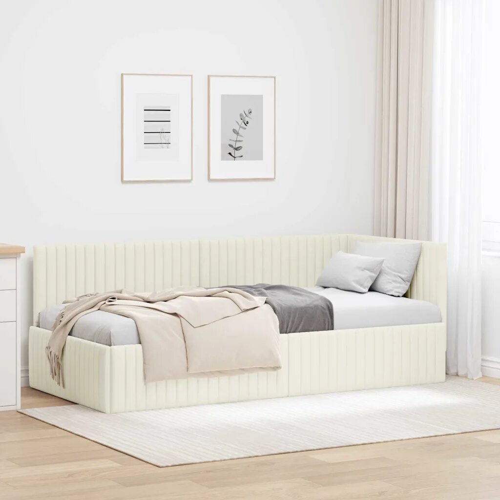 vidaXL Ъглова рамка за легло с таблото Крем 90 см x 200 см Кадифе