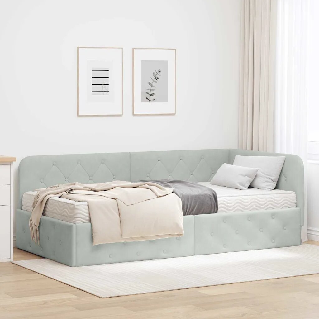vidaXL Ъглова рамка за легло Светлосиво 90 x 200 cm Кадифе