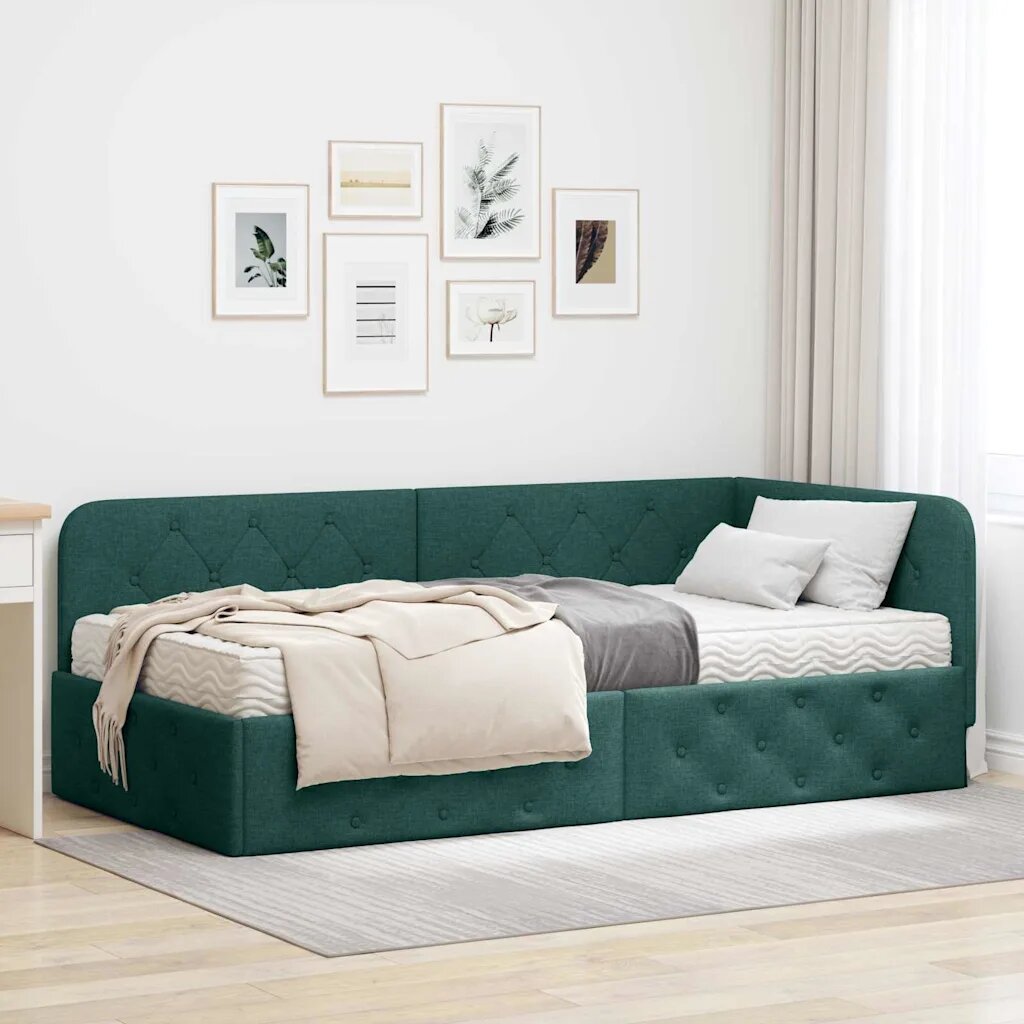 vidaXL Ъглова рамка за легло Тъмен зелен 90 x 190 cm текстил