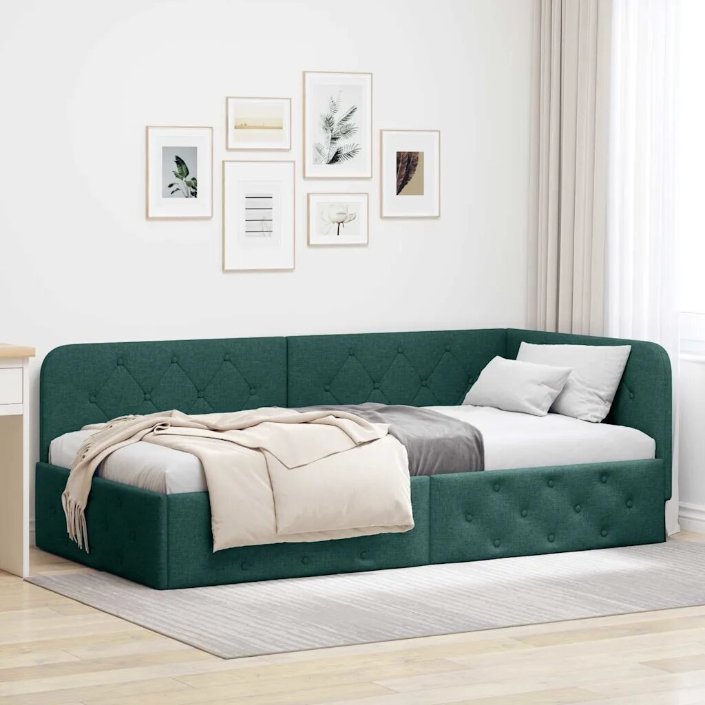 vidaXL Ъглова рамка за легло Тъмен зелен 90 x 190 cm Текстил