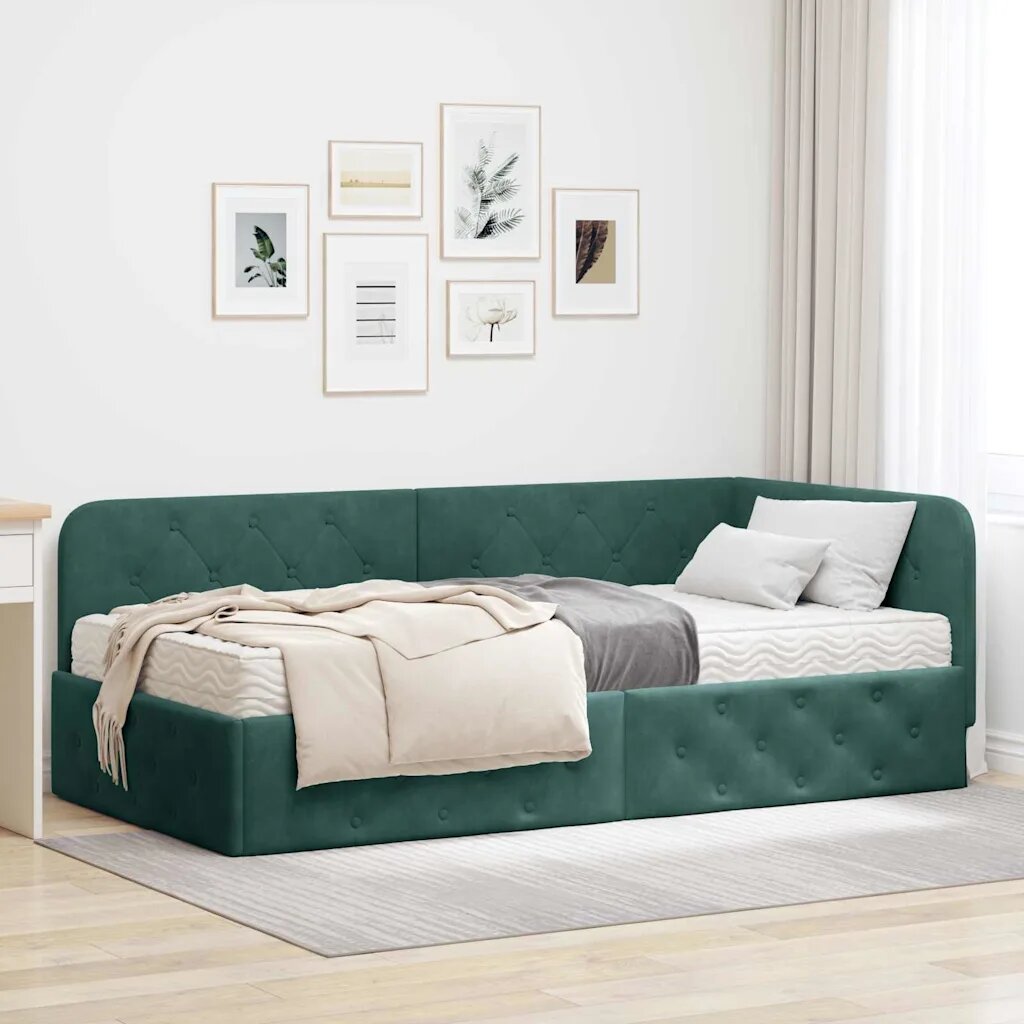 vidaXL Ъглова рамка за легло Тъмен зелен 90 x 200 cm Кадифе