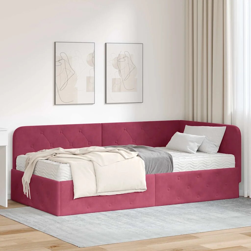 vidaXL Ъглова рамка за легло Виненочервен 90 x 190 cm Кадифе