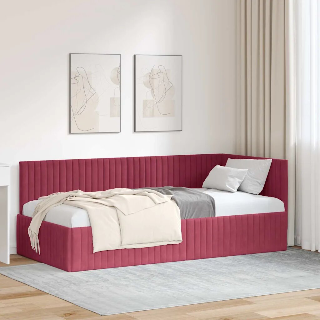vidaXL Ъглова рамка за легло Виненочервен 90 x 190 cm Кадифе