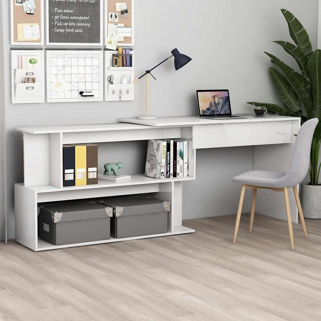 vidaXL Ъглово бюро бял гланц 200x50x76 см инженерно дърво