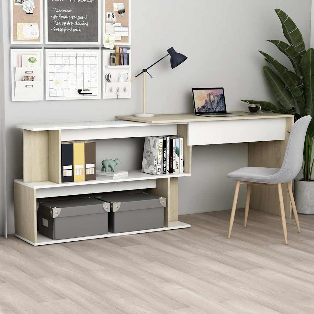 vidaXL Ъглово бюро бяло и дъб сонома 200x50x76 см инженерно дърво