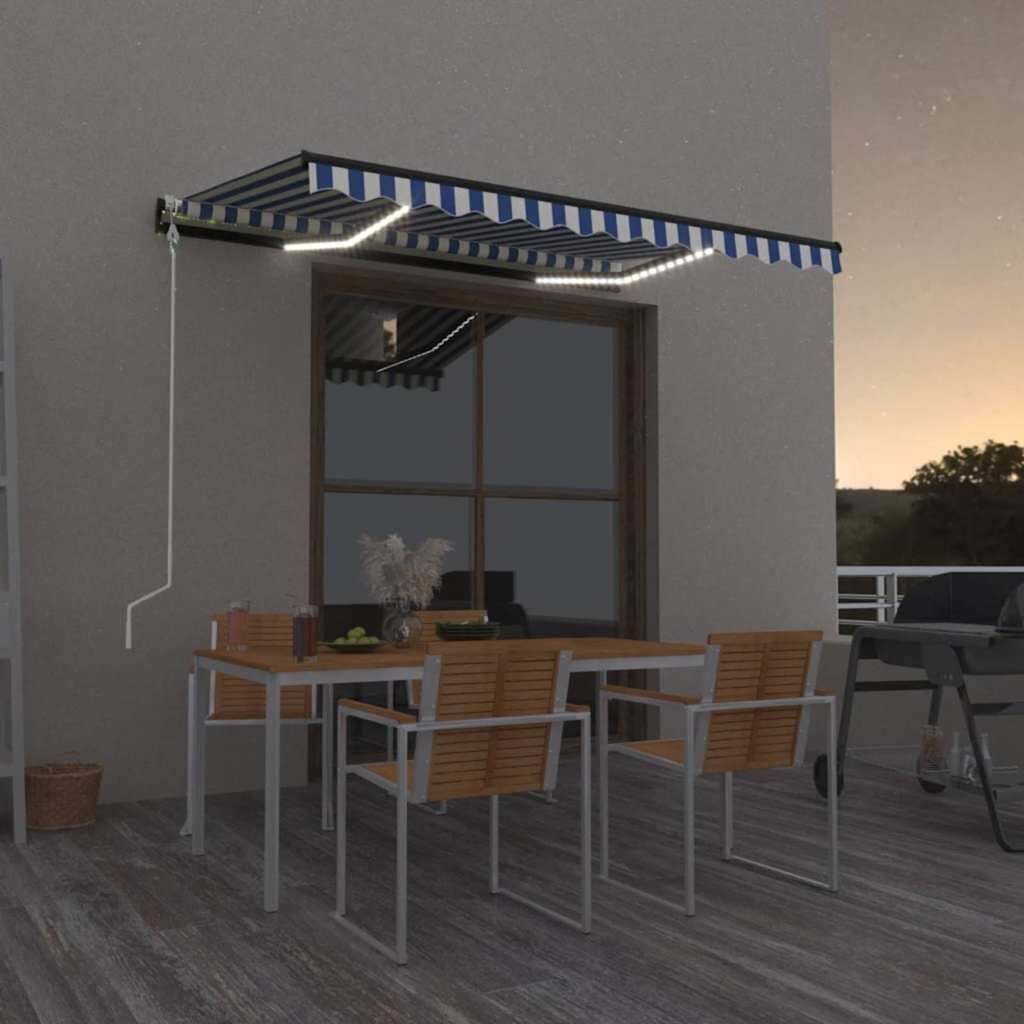 vidaXL Автоматичен сенник LED сензор за вятър 300x250 см синьо и бяло