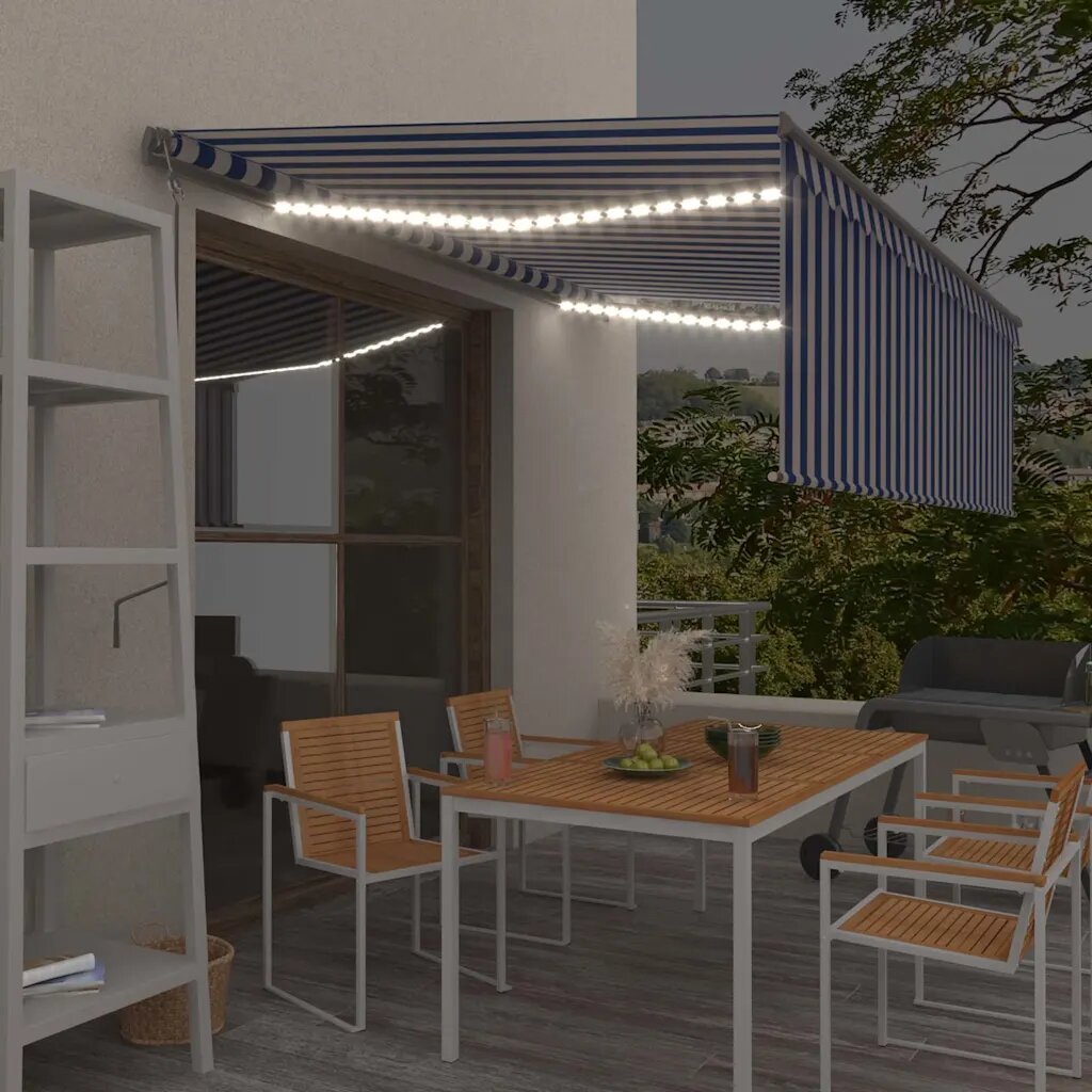 vidaXL Автоматичен сенник с щора LED и сензор за вятър 4x3 м синьо-бял
