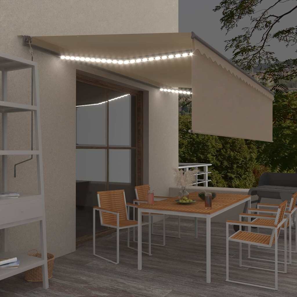 vidaXL Автоматичен сенник с щора LED и сензор за вятър 5x3 м кремав