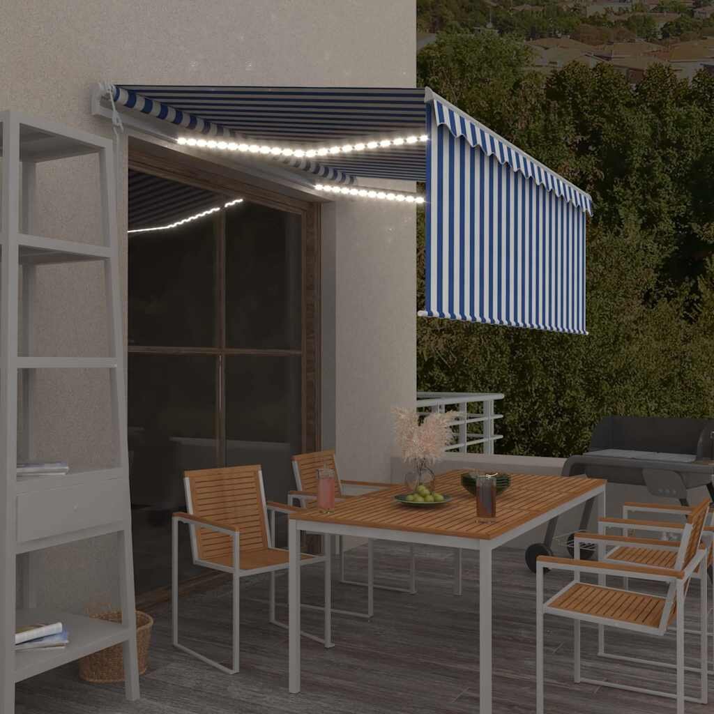 vidaXL Автоматичен сенник с щора LED сензор за вятър 3x25 м синьо-бял