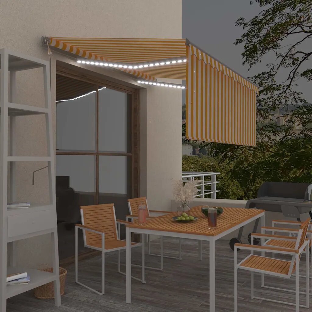 vidaXL Автоматичен сенник с щора LED сензор за вятър 3x25 м жълто-бял