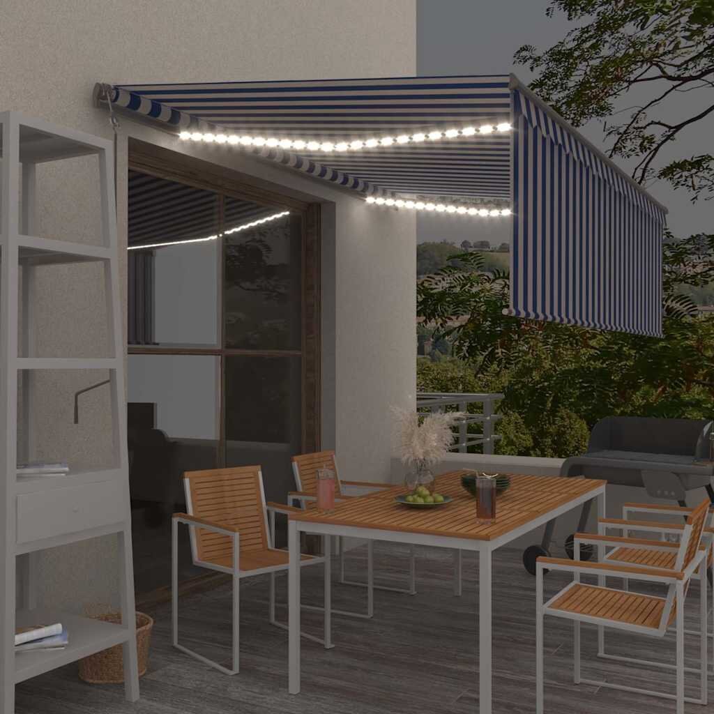 vidaXL Автоматичен сенник щора LED сензор за вятър 45x3 м синьо/бяло