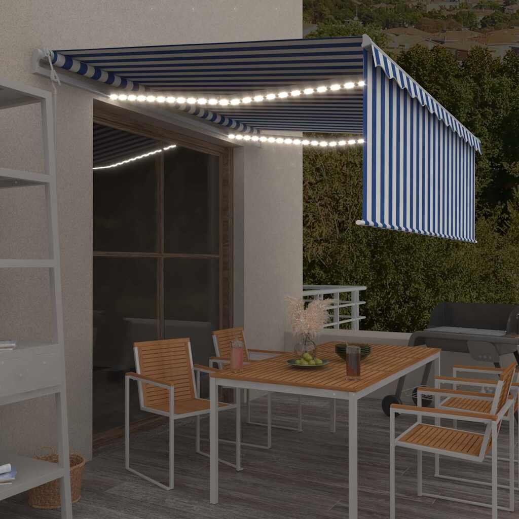 vidaXL Автоматичен сенник щора LED сензор за вятър 45x3 м синьо/бяло