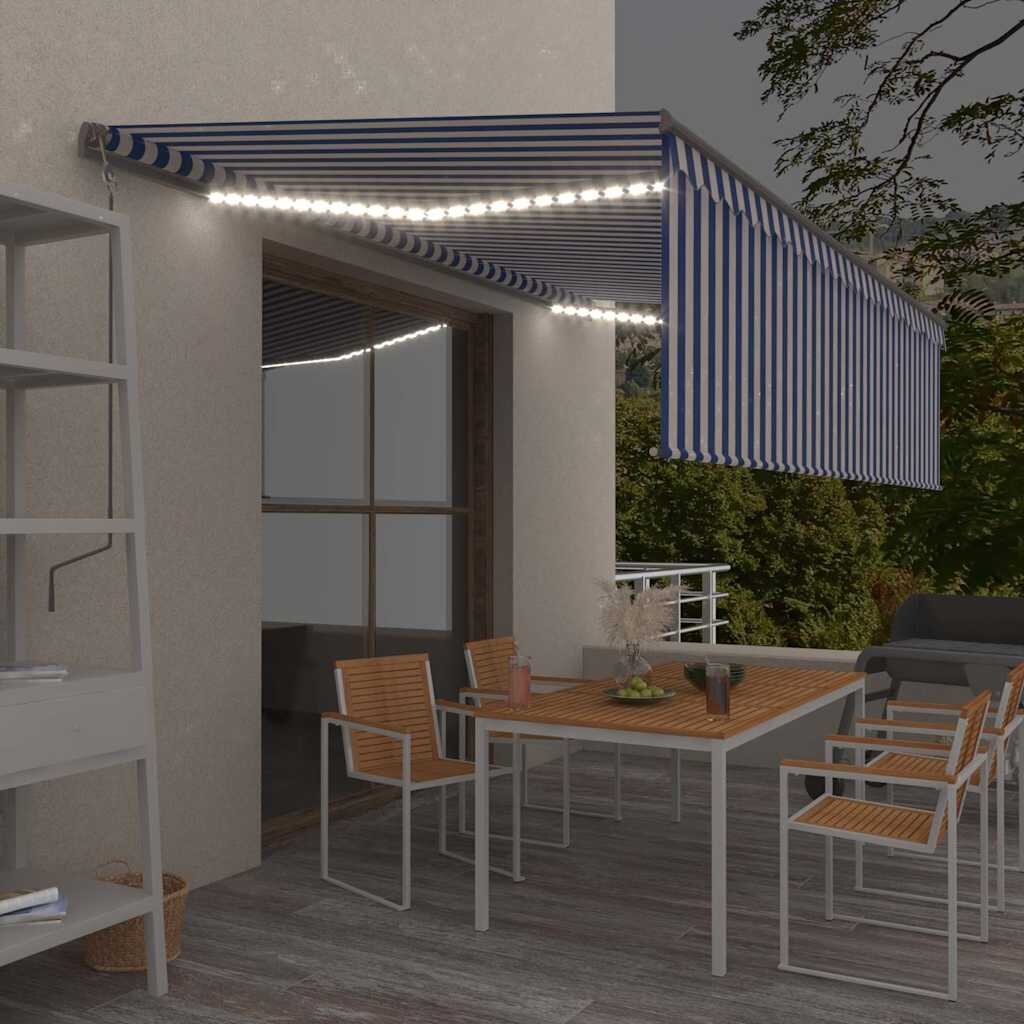 vidaXL Автоматична тента с щора LED сензор за вятър 5x3 м синьо и бяло