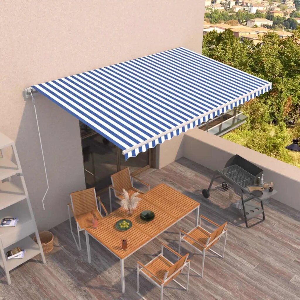 vidaXL Автоматично прибиращ се сенник 500x350 см синьо и бяло