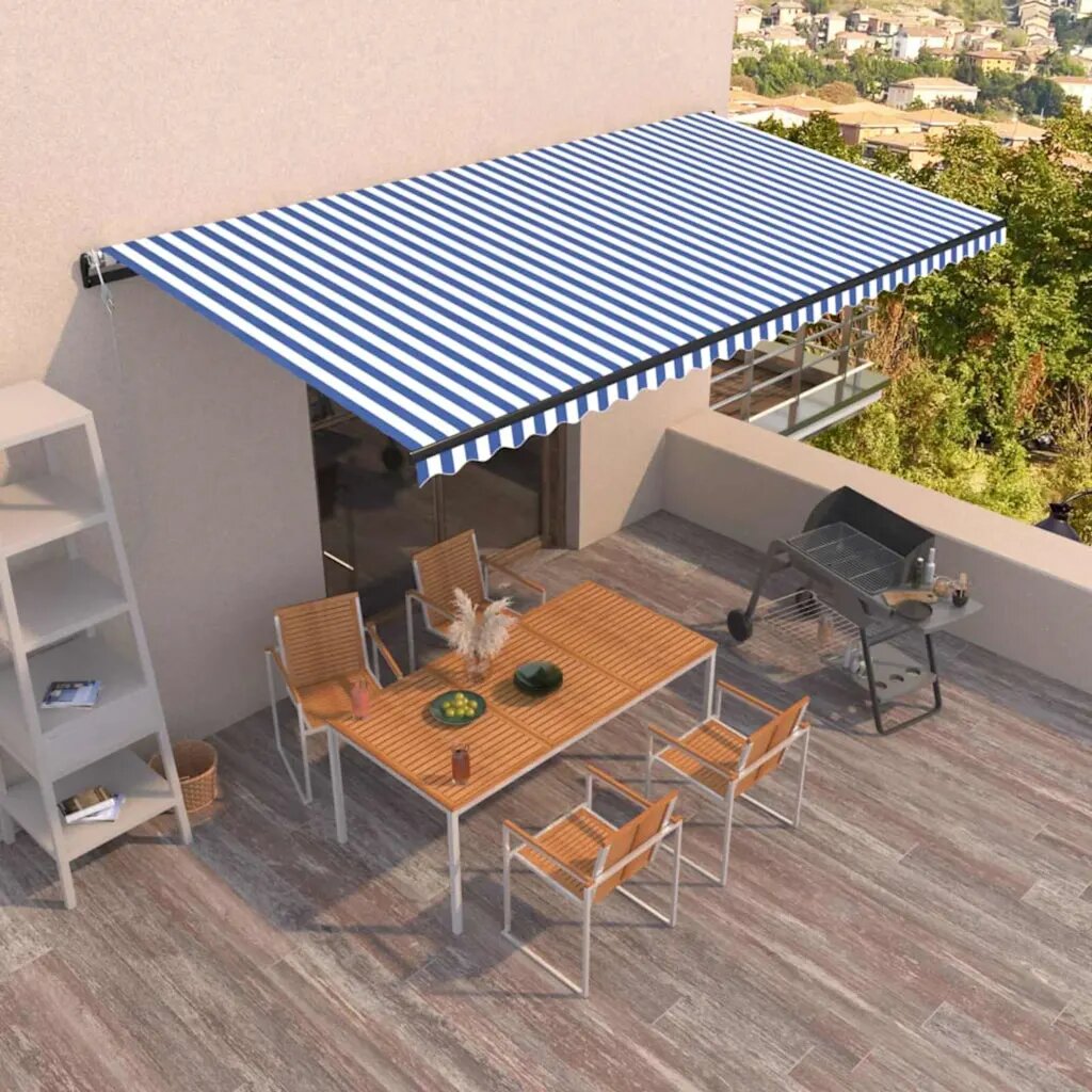 vidaXL Автоматично прибиращ се сенник 600x350 см синьо и бяло