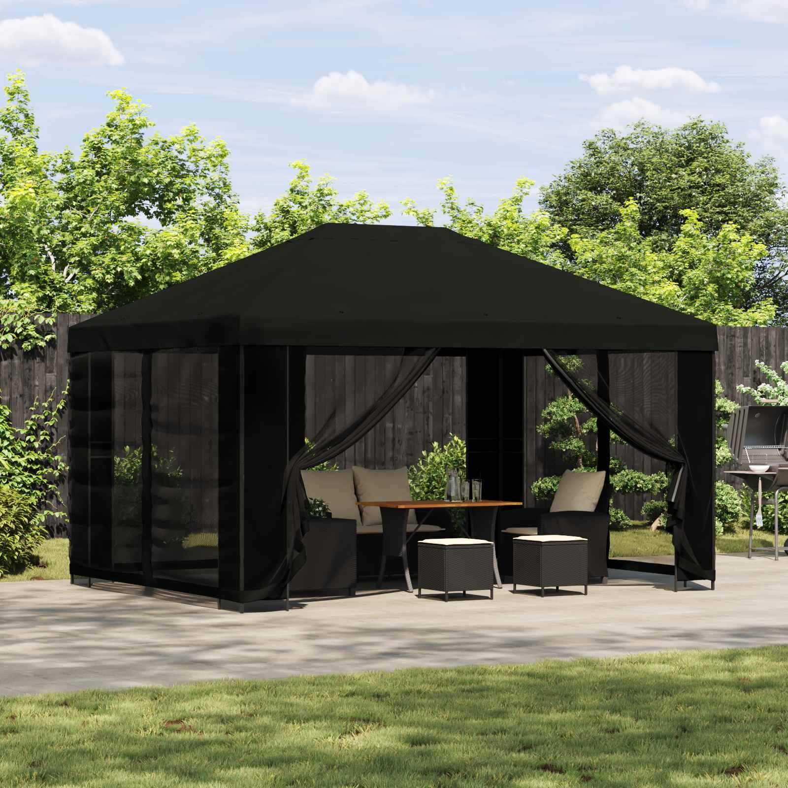 vidaXL Беседка със страници 4 × 3 m Черно Полиестер и стомана 190 gsm