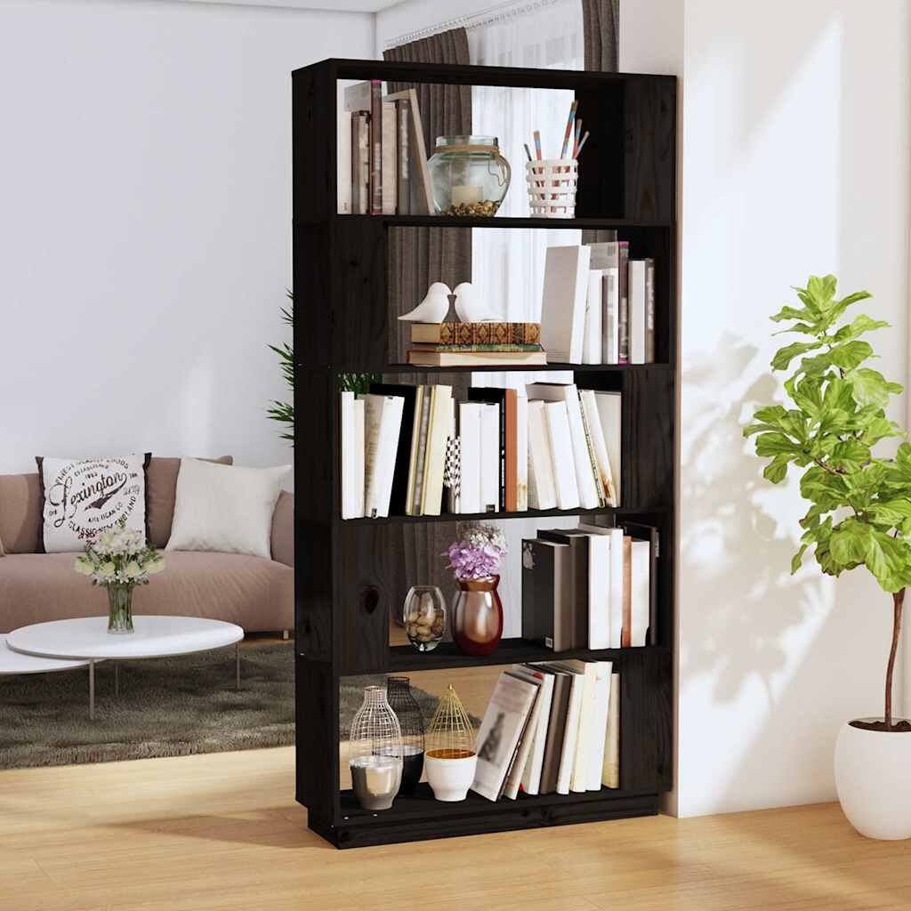 vidaXL Библиотека/разделител за стая черна 80x25x1635 см бор масив