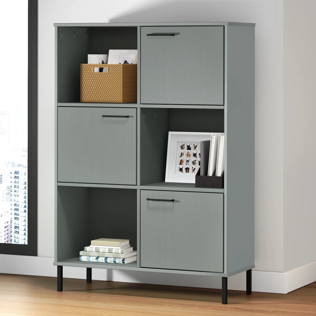vidaXL Библиотека с метални крака сива 90x35x1285 см дърво масив OSLO