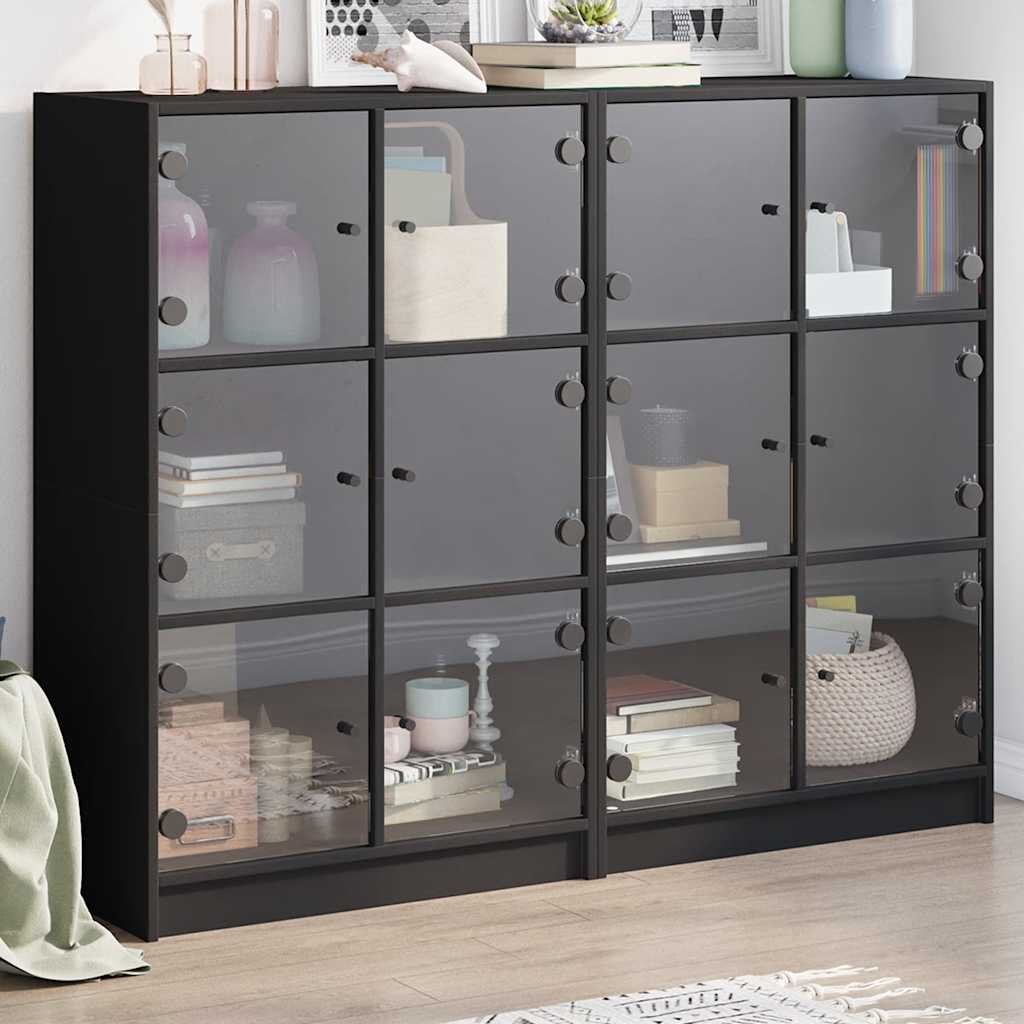 vidaXL Библиотека с врати черна 136x37x109 см инженерно дърво