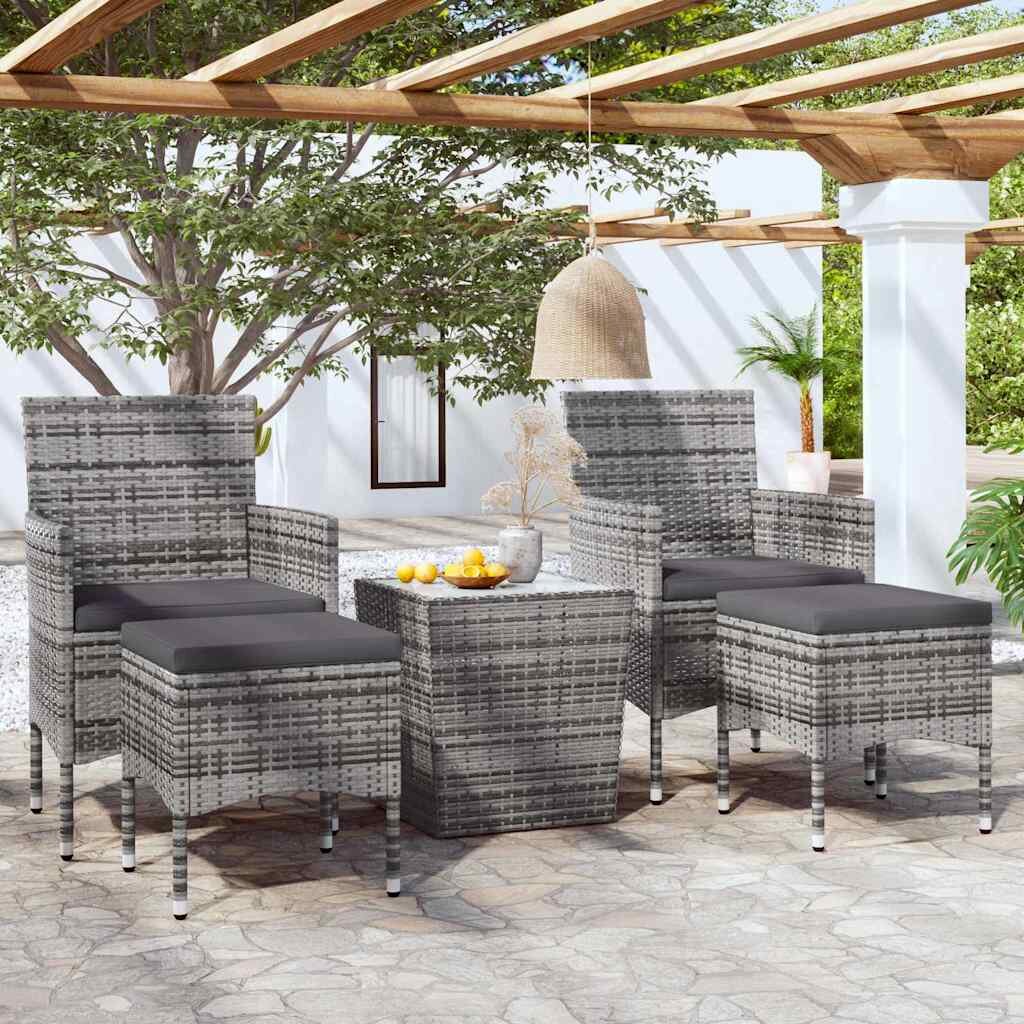vidaXL Бистро комплект от 5 части полиратан и закалено стъкло сив