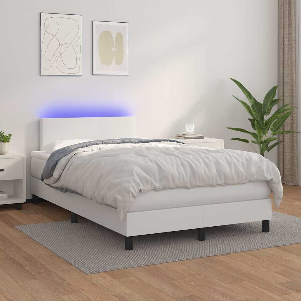 vidaXL Боксспринг легло с матрак и LED бяло 120x200 см изкуствена кожа